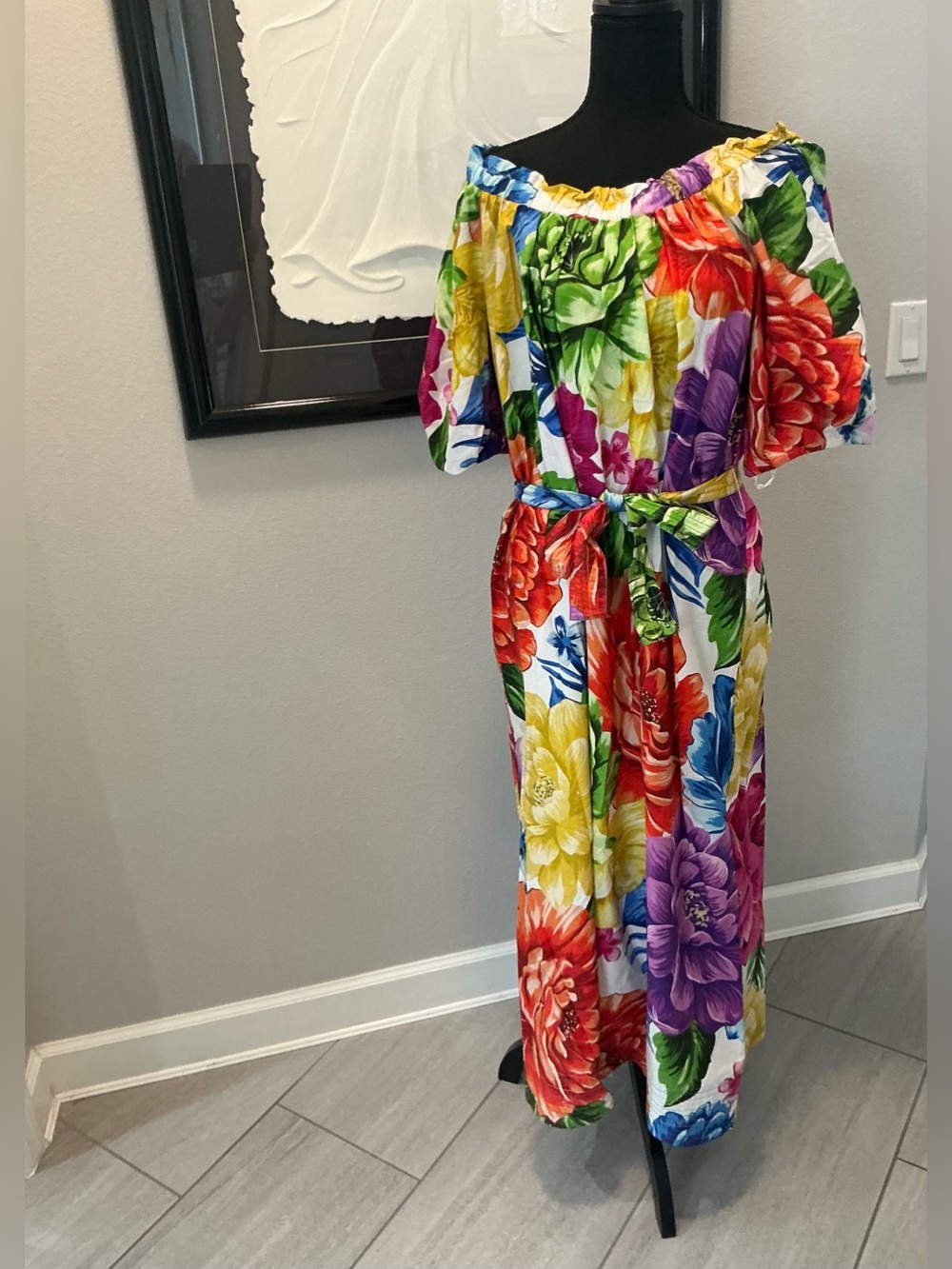 FARM Rio Women XL Floral off Shoulder Midi/maxi Dress Belted tropical multicolor